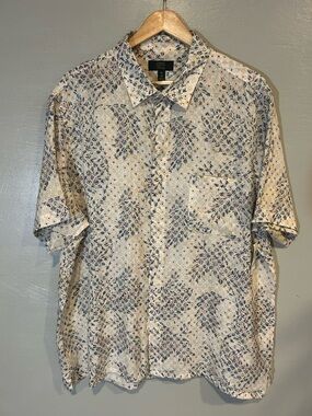 Charter Club Cream Short-Sleeve Button-Down with Blue and Tan Leaf Print 100%